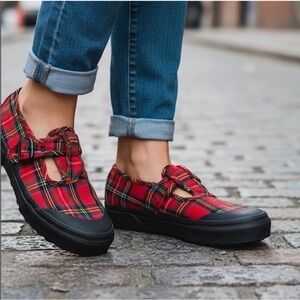 New women's size 5 VANS style 93 Mary Janes‎ red black plaid Rare